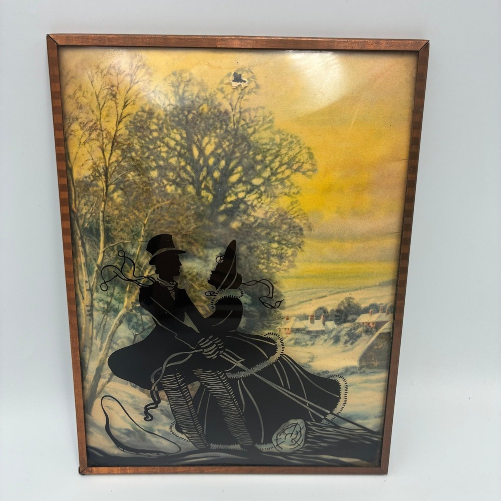 Vintage Reverse Glass Silhouette Painting Regency Couple Winter Sleigh Ride Art